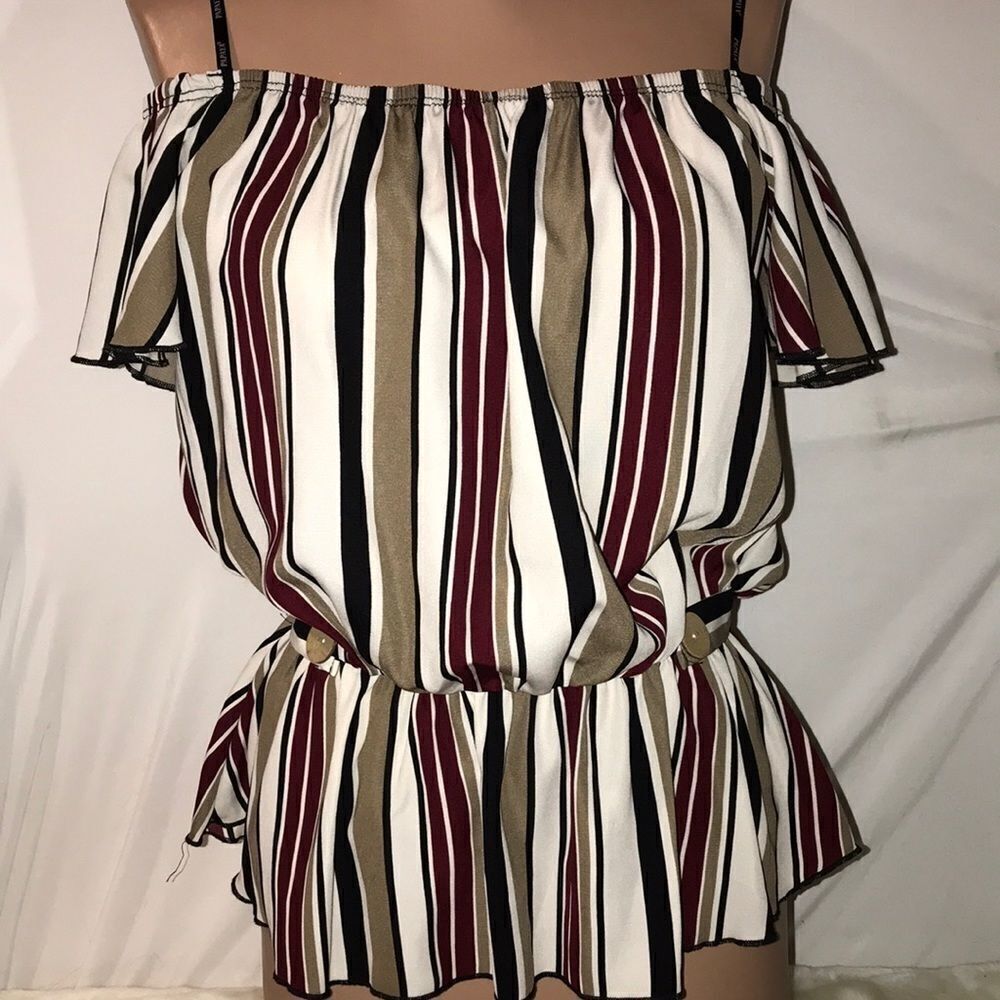 Papaya Womens Multicolor Striped Short Sleeve Off Shoulder Peplum Top Small NWT